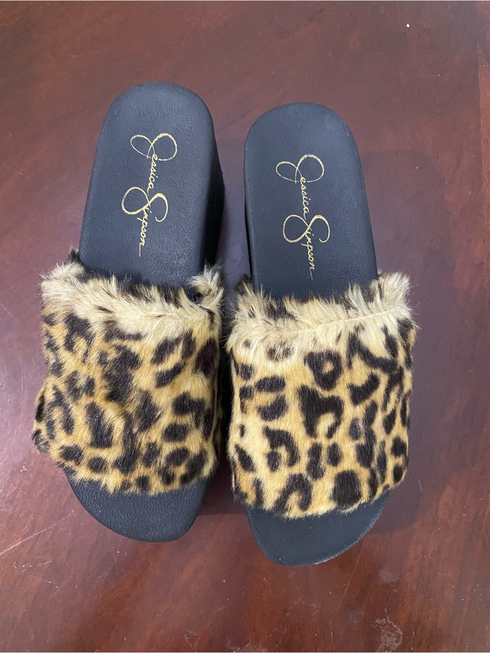 Jessica Simpson Leopard Print Faux Fur Slide Sandals in Black and Tan